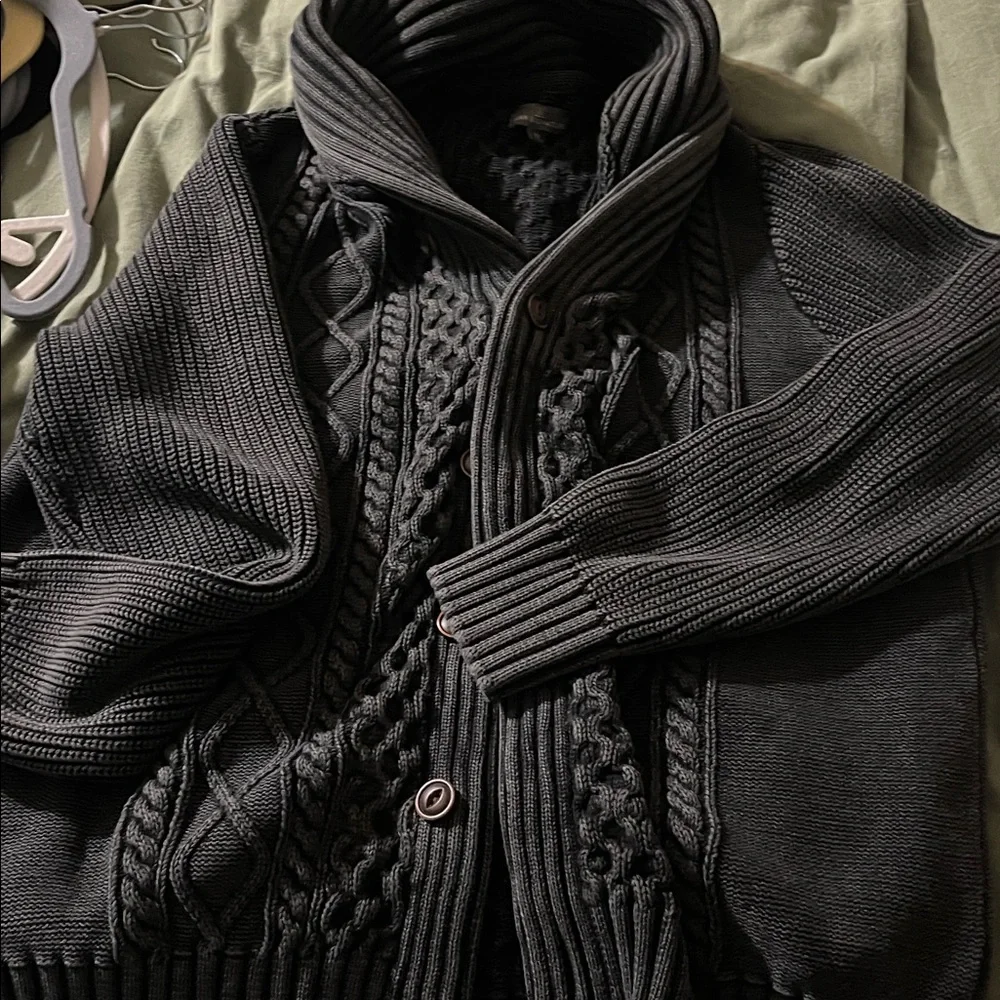 LL Bean Signature Men's Dark Gray Cable Knit Cardigan - Picture 2 of 9